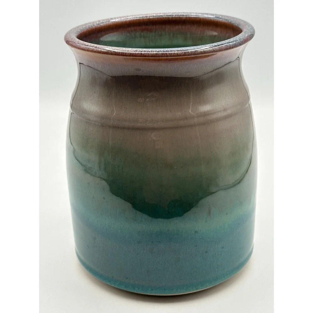 Artist Signed Handmade Pottery Vase Blue Green Brown Drip Glaze